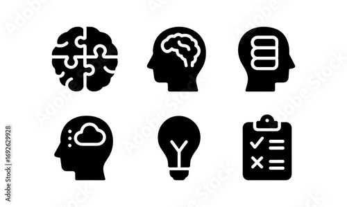 Silhouette icons of brainstorming and ideas with human head elements