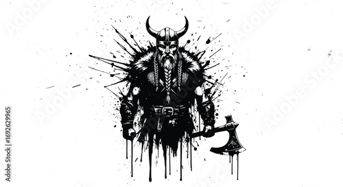 Viking Warrior with Axe, Black and White Ink Splatter Art