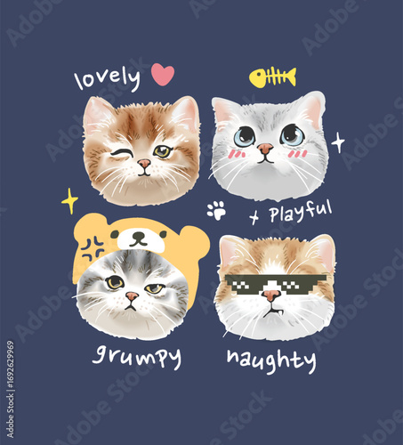 typography slogan with cute cats faces and colorful icons vector illustration - drawn by hand, not AI generated