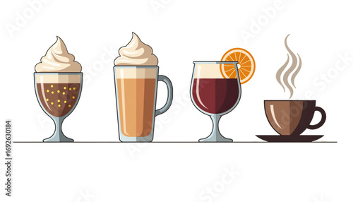 Different types of coffee drinks with whipped cream, citrus garnish, and steam, on a white background