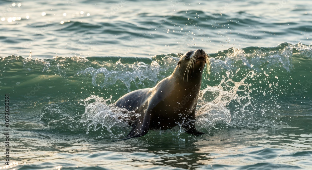 Obraz premium A sea lion emerges from a wave, showcasing its playful nature amidst the ocean's gentle surf.
