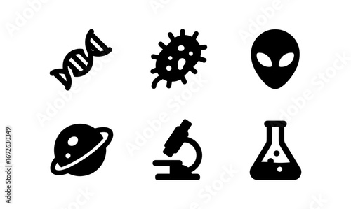 Science icons: dna, microscope, alien, bacteria, planet, flask in simple style