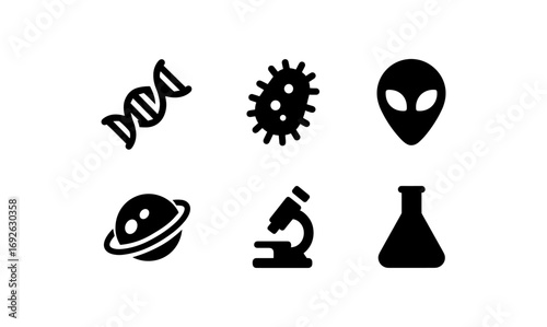 Science and space icons: dna, bacteria, alien, planet, microscope, flask