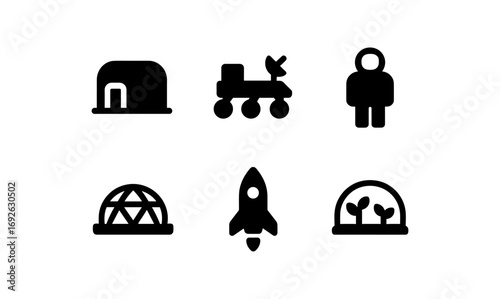 Space exploration icons: futuristic silhouettes of mars rover, astronaut, rocket, and habitats
