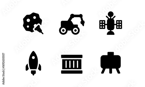 Space exploration and technology icons: asteroid mining, rover, satellite, rocket, ancient column, easel
