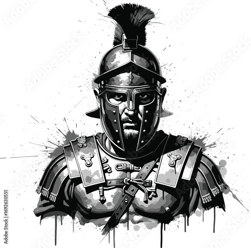 Roman soldier in armor, black and white, stylized illustration