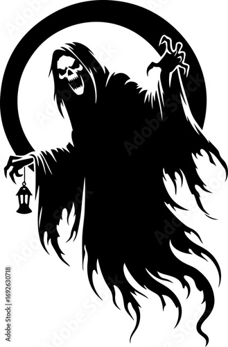 A vector illustration of a ghost standing angrily with a lamp.