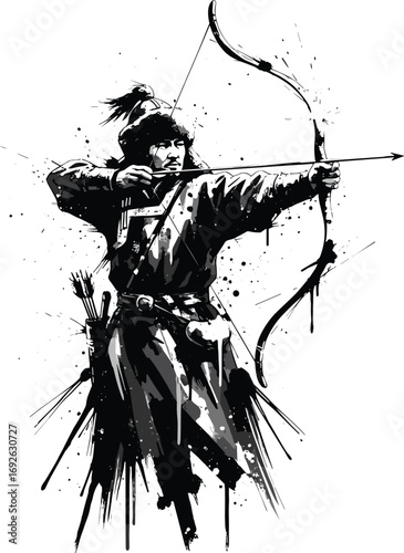 Archer with bow and arrow, ink wash style