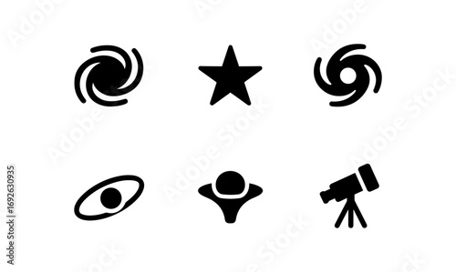 Modern astronomy icons: black silhouettes of stars, galaxies, and telescopes