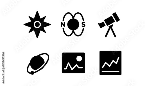 Astronomy and navigation icons in modern silhouette style for digital applications
