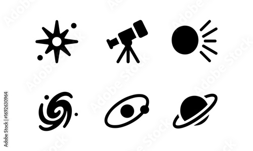 Minimalist space icons set featuring telescope and celestial bodies