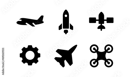 Aviation and space icons: collection of aircraft, rocket, satellite, gear, and drone
