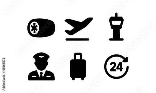 Airport travel icons set: flight, airline, transportation, timetable