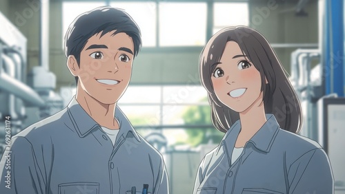 工場で笑顔を見せる作業服姿の男女アニメ風イラスト