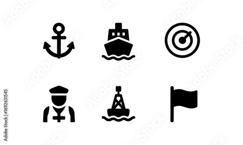Nautical icons: anchor, ship, target, sailor, buoy, and flag symbols in flat style
