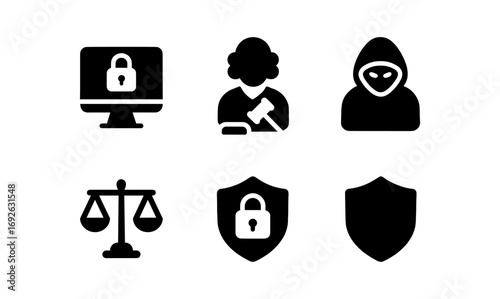 Cybersecurity and legal icons set in monochrome style for digital security