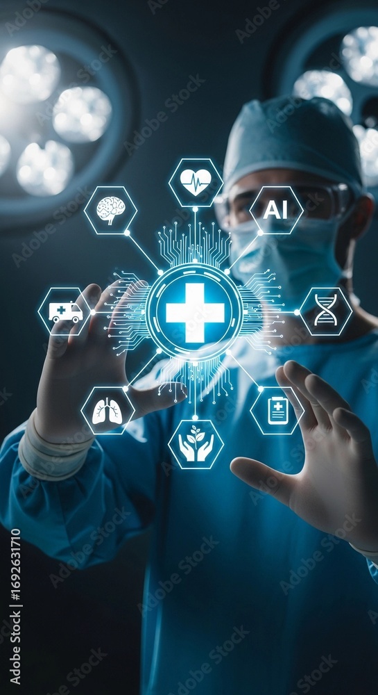 Fototapeta premium Surgeon interacting with digital medical interface, for healthcare technology promotions