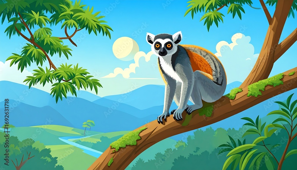 Fototapeta premium A cartoon-style lemur perched on a tree branch, with a backdrop of rolling hills, a winding river, and a bright blue sky. 