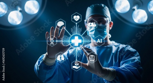 Surgeon interacting with digital medical interface, in an operating room, for healthcare technology websites