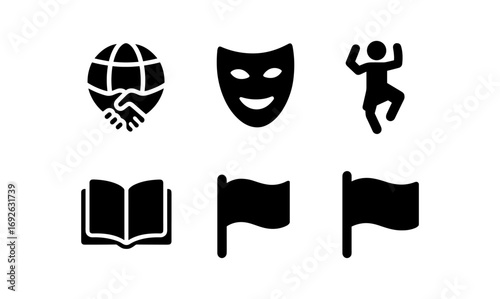 Set of silhouette icons including mask, globe, book, flag, and dancing figure