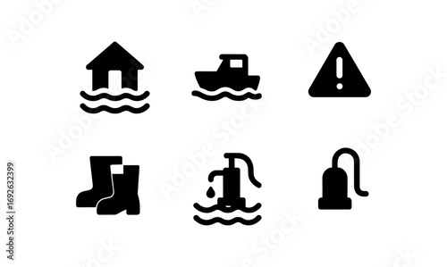 Flood safety icons: boots, pumps, and warning symbols for flood preparedness
