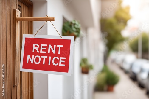 Urgent red rent notice sign hung on wooden door, signaling property changes.