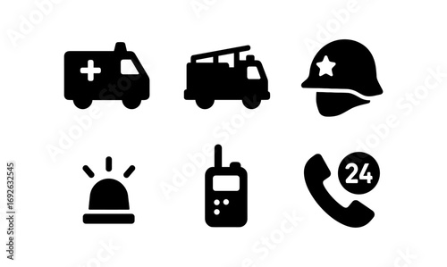Emergency services icons set featuring ambulance, fire truck, and more