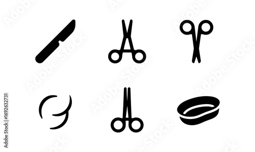 Minimalist medical tool icons: scalpel, scissors, bandage elements