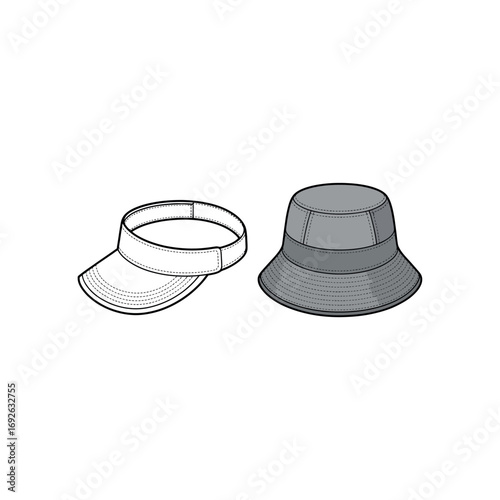 Gray bucket hat and white visor cap side by side on white background headwear fashion