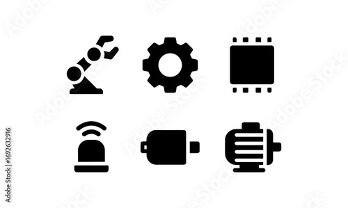 Industrial technology icons: robotics, automation, ai, and machinery symbols in bold silhouette style