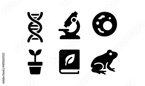 Science and nature icons set: dna, microscope, cell, plant, leaf, frog