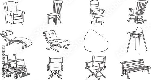Collection of diverse chairs and seating options, from comfortable armchairs to functional wheelchairs.