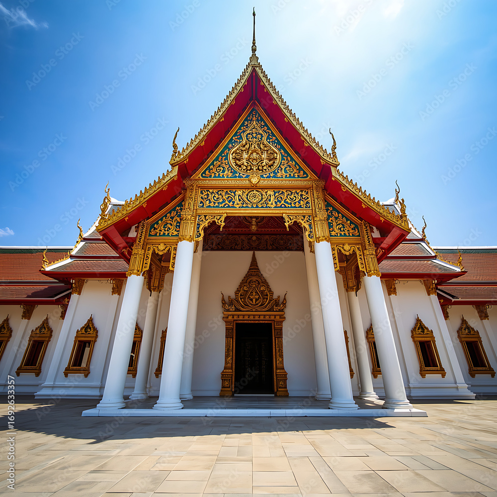 Naklejka premium The temple, a grand Buddhist institution, boasts a traditional architecture with intricate golden details, a steep roof, and a richly decorated entrance.