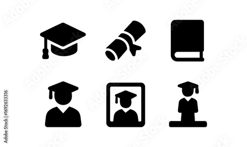 Educational icons set featuring gadgets, diploma, and graduates