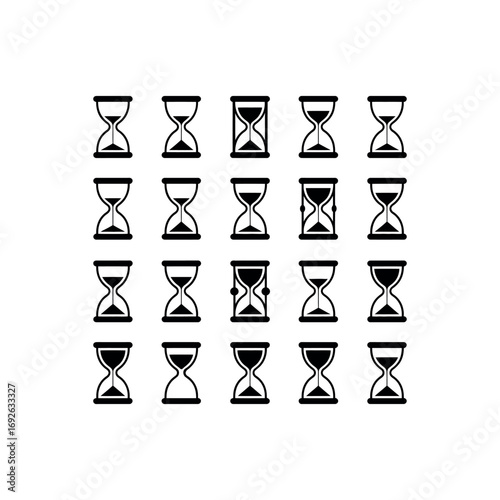 Collection of black hourglass icons on white background time sand