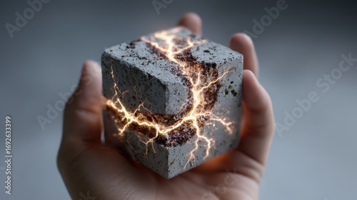 Hand gripping fractured concrete cube, luminescent fissures revealing latent energy, innovative potential within material science breakthrough