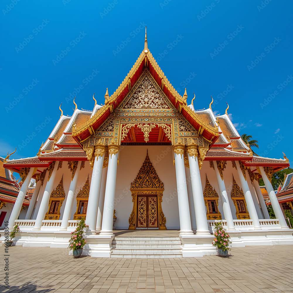 Naklejka premium The temple, a grand Buddhist institution, boasts a traditional architecture with intricate golden details, a steep roof, and a richly decorated entrance.