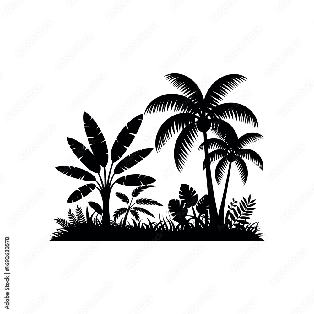 Fototapeta premium Black silhouette of tropical plants and palm trees on white background foliage