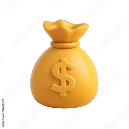 Money bag 3D plastic savings icon with dollar sign and drawstring closure