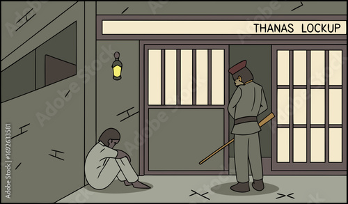 An old-style Pakistani thana lockup with thick iron bars, prisoners sitting on the floor in shalwar kameez, and a guard with a baton standing outside. Add dim tube light and cement walls with Urdu wri