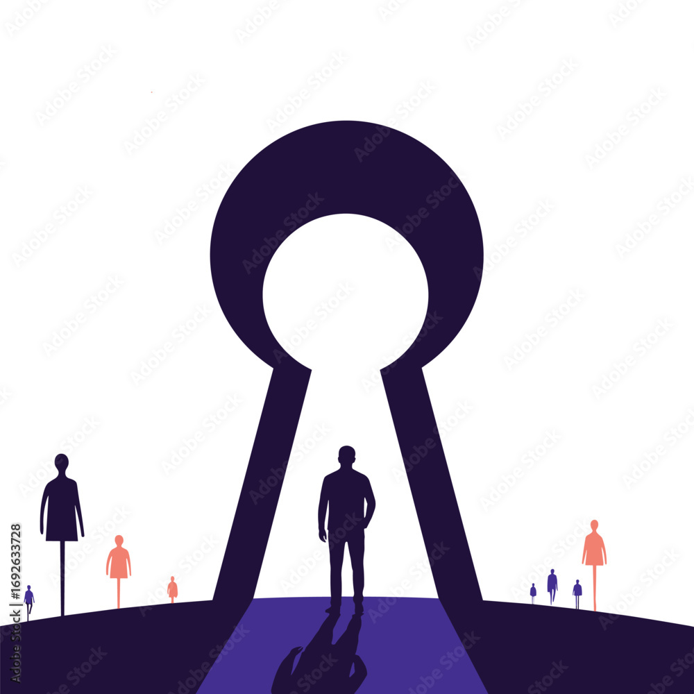 Obraz premium Silhouette man enters mysterious keyhole opening towards bright light surrounded by small figures