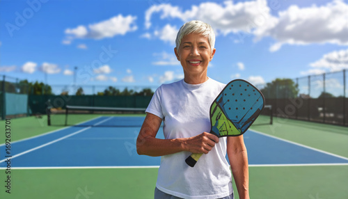 A happy senior woman holding a pickleball paddle and smiling on a court.