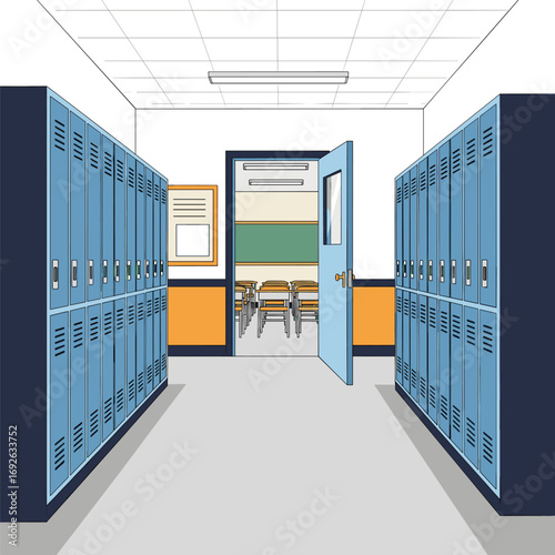 Empty school hallway with open classroom door and rows of lockers