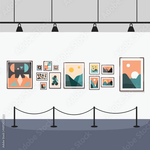 Diverse abstract geometric landscape art exhibition displayed on a white wall in a gallery space