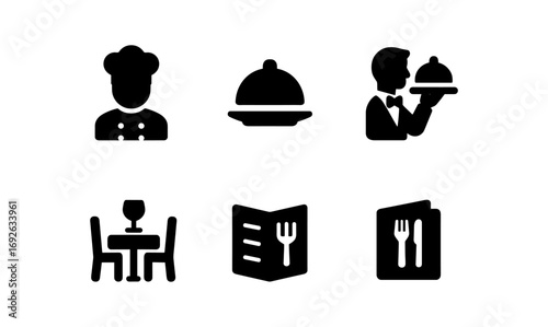 Restaurant icon set: chef, dining, and menu symbols in silhouette style