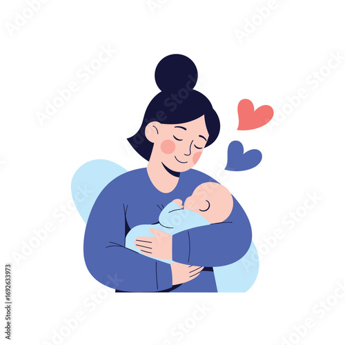 A loving mother holds her newborn baby close with a gentle embrace and tender expression