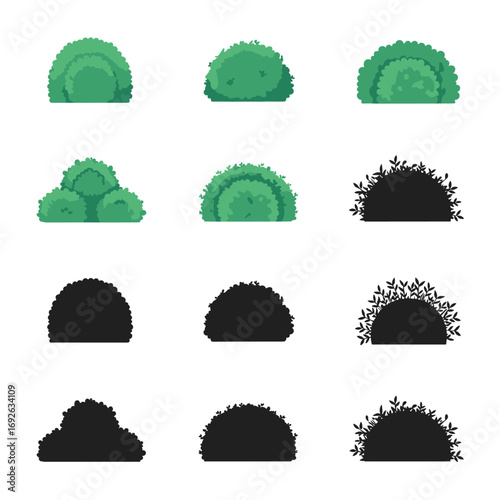 Collection of green bush and silhouette illustrations for garden design and art projects