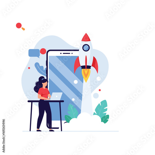 Business startup rocket launching success digital innovation technology growth opportunity