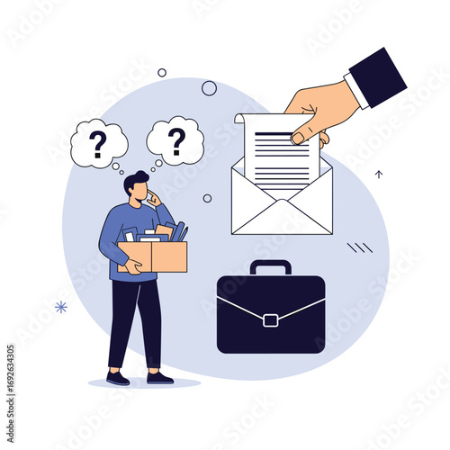Confused employee holding box of belongings receives letter of dismissal