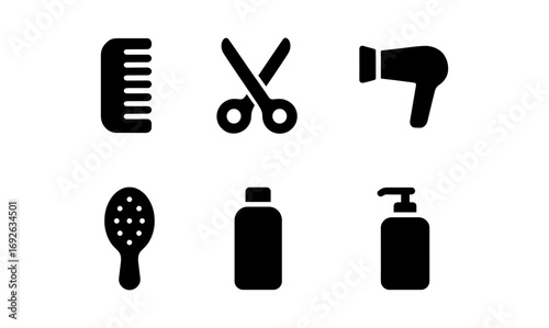 Essential hair care tools: icons of comb, scissors, hair dryer, and bottles